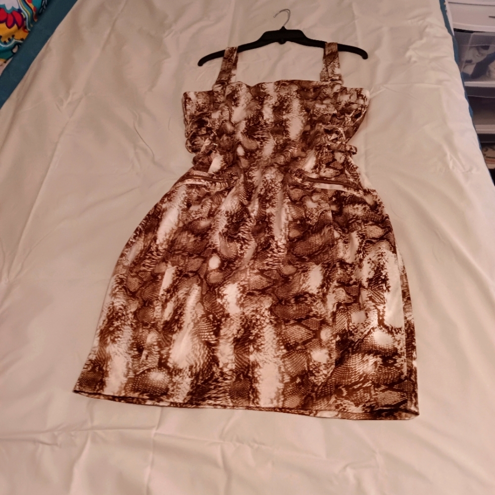 Cache White and Briwn snake skin dress. Strapless with side lace up detailing